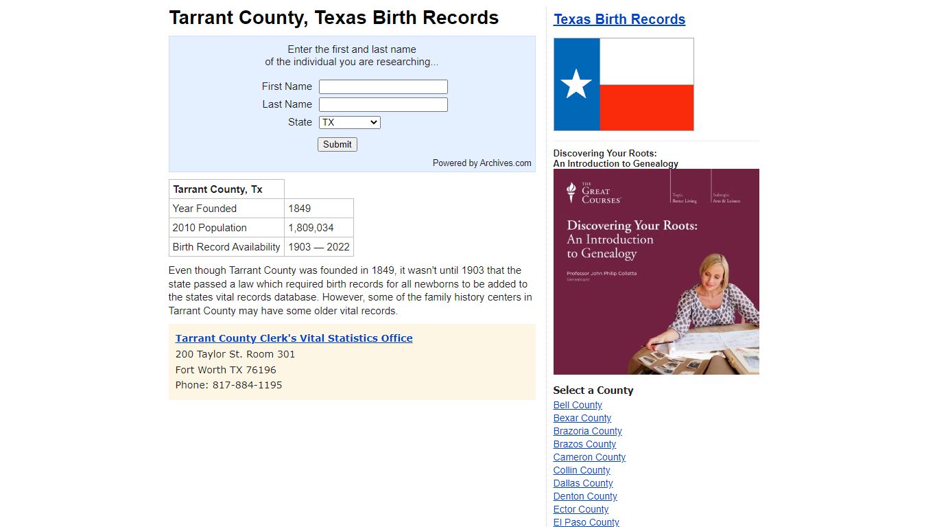 Tarrant County, Texas - Birth Records and Birth Certificates